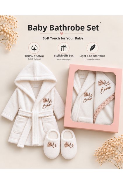 100% Cotton Ecru Flower-Patterned Baby Girl Bathrobe Set / Premium Quality Baby Girl Bathrobe Set / Gift Newborn Bathrobe Set