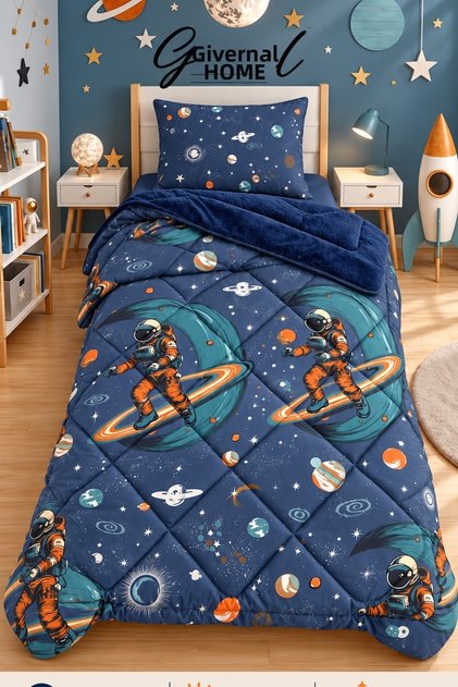 Mars | Space Patterned Wellsoft Double-Sided Single Duvet with Pillowcase | Bedspread | Quilt | Pillowcase | 2 Pieces