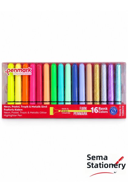16 Colors Neon, Pastel, Tropical, and Metallic Glitter Highlighter Pen Set