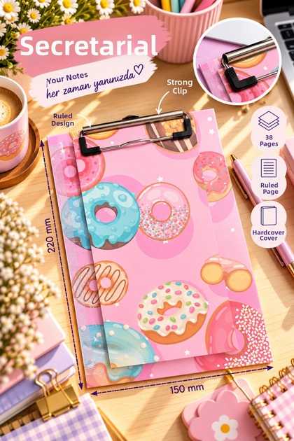 Donut Patterned Secretary's Notepad 15X22 cm – 38 Sheets Lined Notepad