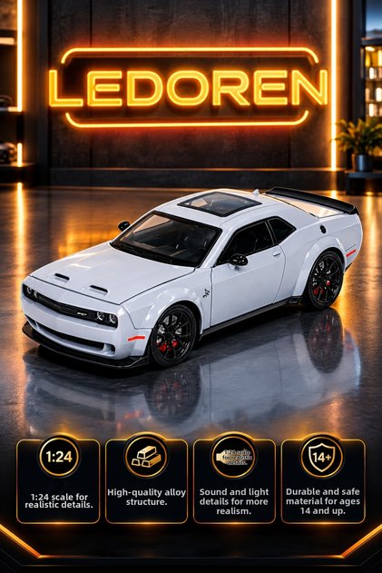 Dodge Challenger Hellcat Srt 1/24 Scale Alloy Model Car, Diecast Metal Miniature Car, Sound and Light Collection