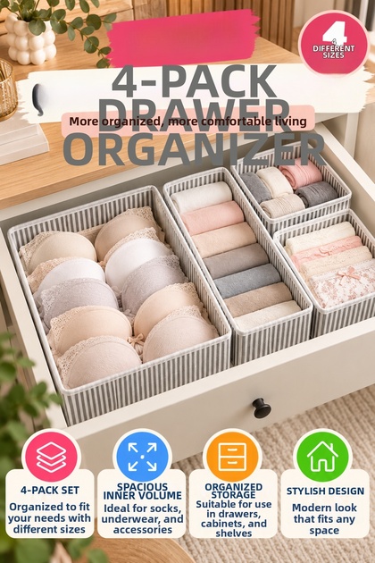 4-Piece Drawer Organizer Set Gray Striped Socks Underwear Closet Organizer Storage Box