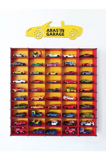 Yellow Red 50-Piece Wooden Toy Car Rack / Mini Car Display Stand Wall Shelf