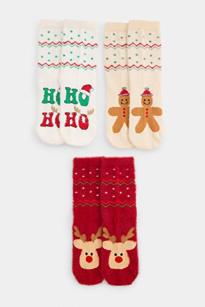 Burgundy-Multicolor 3-Piece Cotton Blend Christmas Themed Jacquard Knitted Socks Thmaw27Co00048