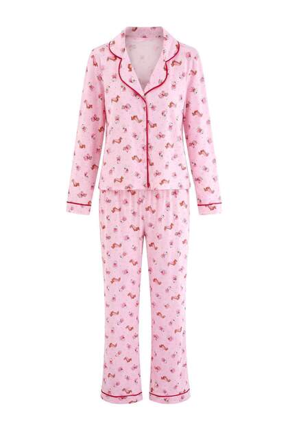 Pembe %100 Pamuk Köpek Desenli Biyeli Örme Pijama Takımı THMAW27PT00240