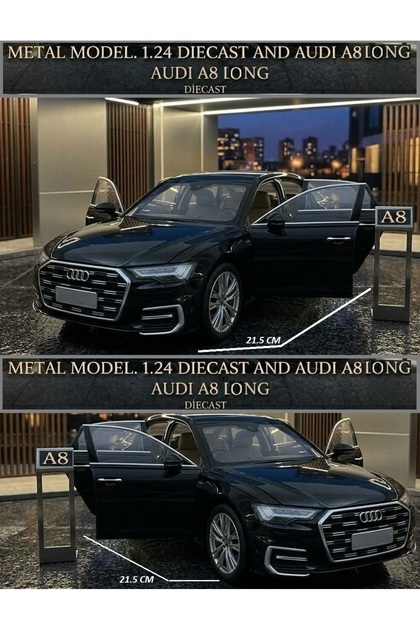 Audi A8 Long Quattro 1:24 Metal Araba 21.5 Cm Diecast Audı 6 Kapı Bagaj Kaput Açılır Ses Efektli Koleksiyon Model Metalic Black