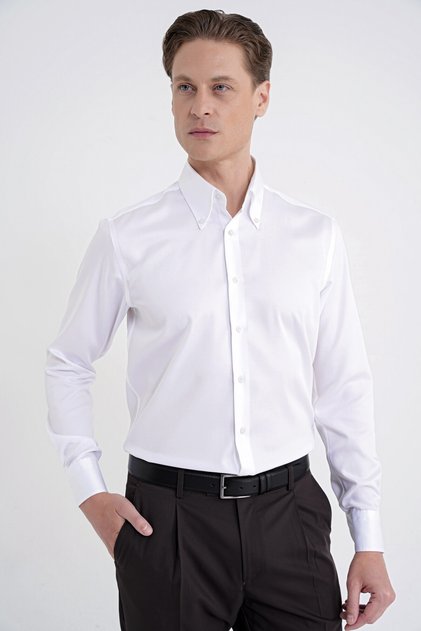 Slim Fit Buttoned High Collar 100% Cotton Non Iron Fabric Plain White Shirt Gk 760