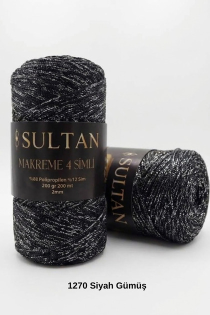 1 Piece of Macrame 4 Glittery Cords 200 Grams 200 Meters 2 mm Bag Wallet Supla Runner Basket Wall Decoration Canvas Bag Making Macrame Knitting Cord Color: 1270 Black Silver