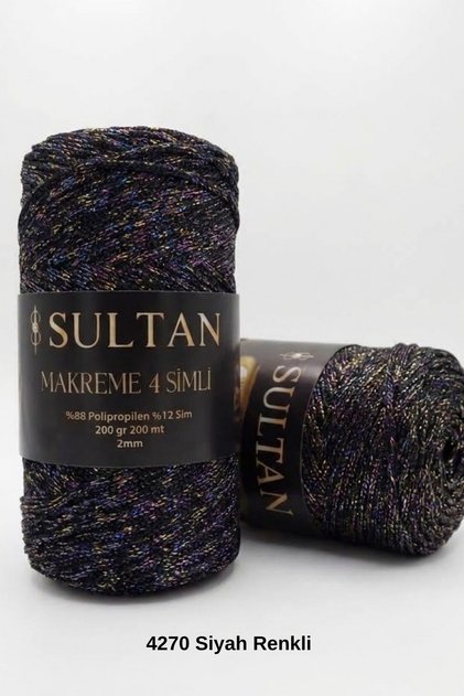 1 Piece of Macrame Cord with 4 Glitter Strands, 200 Grams, 200 Meters, 2 Mm, for Bags, Wallets, Supla Runner, Basket, Wall Decoration, Canvas Bag Making, Macrame Knitting Cord Color: 4270 Black Embroidered