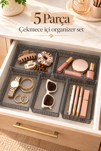 5’li Çekmece İçi Düzenleyici Organizer Seti Şeffaf Çok Amaçlı Makyaj ve Aksesuar Düzenleyici
