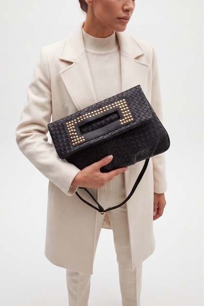 Women's Studded Clutch & Portfolio Crossbody Hand and Shoulder Bag Panes Black