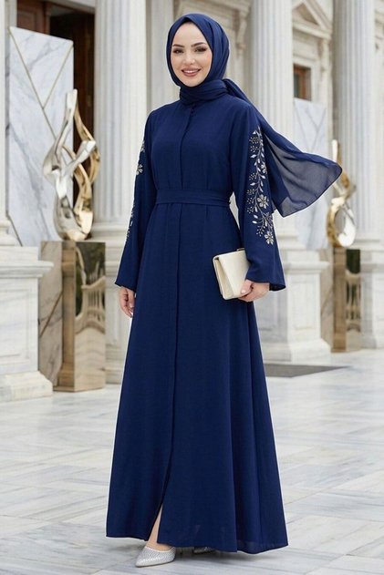 Navy Blue Hijab Abaya Dress with Embroidered Sleeves 60013L