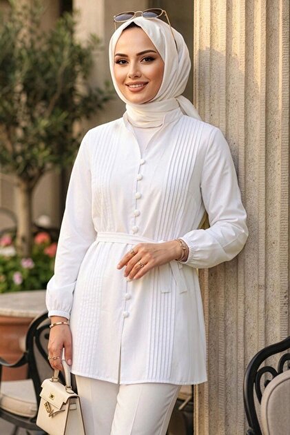 White Hijab Tunic with Pile Detail 20299B