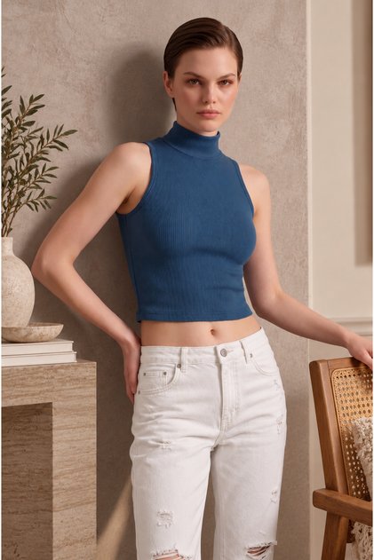 Kadın Petrol Balıkçı Yaka Fitted Crop Fitilli Esnek Örme Atlet - AYDSS26-AL0027