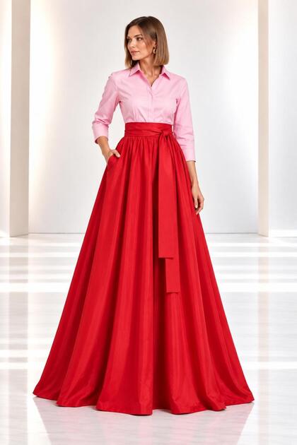 Maxi Boy Double Color Stylish Shirt Dress with Mobile Belt at the Waist Cou-27