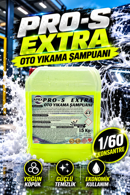 Fırçasız Oto Yıkama Şampuanı 5 Kg Pro S Extra, Cilalı 1/60 Konsantre Araç Yıkama Köpüğü