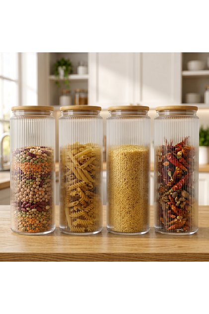 4-Piece 1500 ml Striped Glass Food Jars – with Natural Wooden Lids, Stylish Design, Durable and Organized Kitchen Storage Set