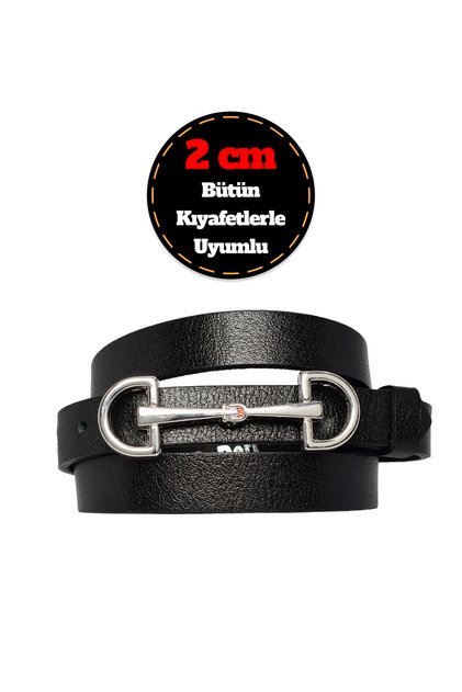 100% Genuine Leather, Thin 2 cm Black Women's Belt with Silver Buckle; Dress Belt, Trouser Beltd&D