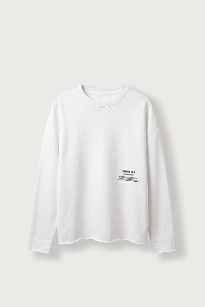 Men's Boxy Fit Crew Neck Washed Printed Sweatshirt Ecru