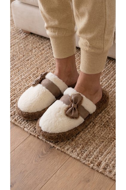 Women's Mink Leather Bow Detailed Plush House Slippers 3 cm Byndtmtf01