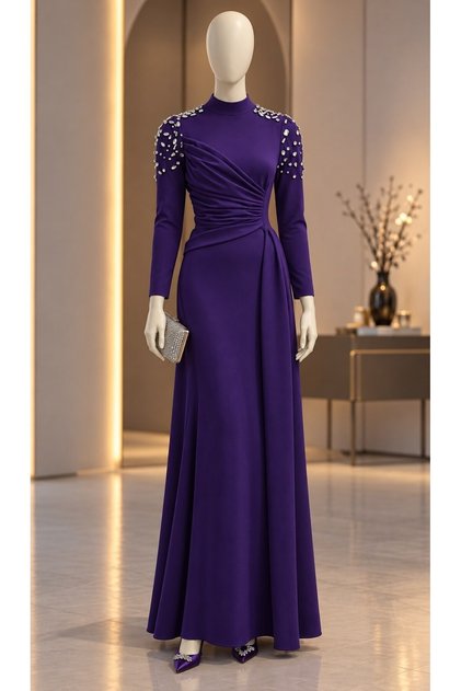 rochie cu draperii speciale cu detalii de piatră pe umăr 583341 PURPLE