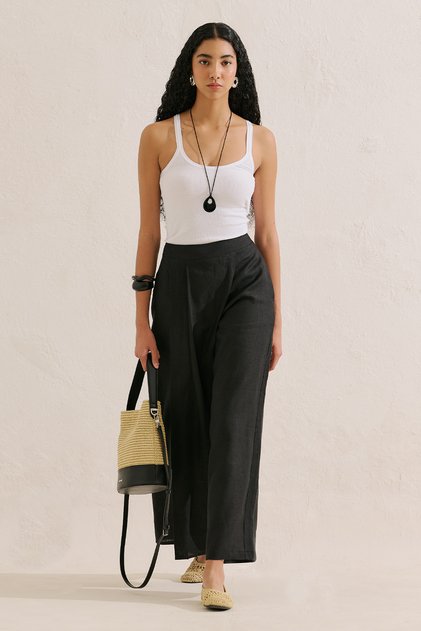 Linen Pants with Envelope Closure Black