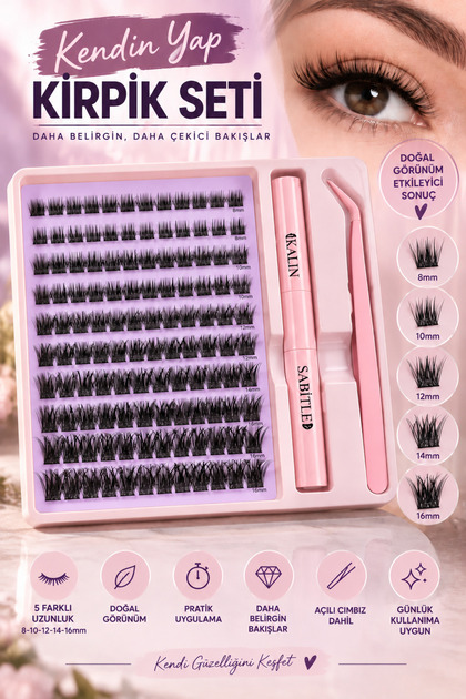 Küme Takma Kirpik Seti 5 Boy 8-16 mm Cımbız Sabitleyici ve Saklama Kutulu