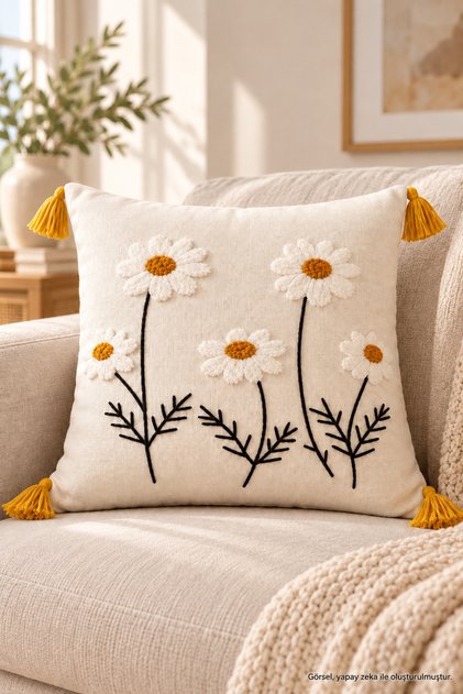 Punch Kırlent Kılıfı Papatya Desenli Püsküllü Bohem Dekoratif Yastık Kılıfı 43x43 cm