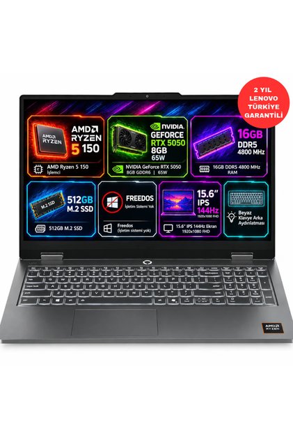 LOQ Essential 15ARP11 83VA003BTR AMD Ryzen 5 150 16GB 512GB SSD RTX5050 Freedos 15.6" FHD