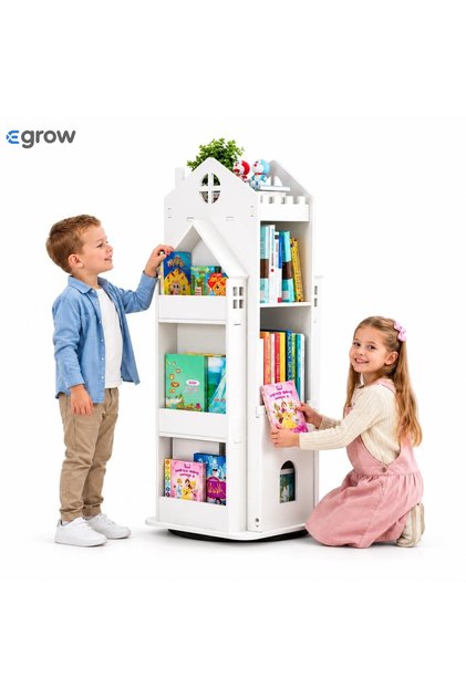 Biblioteca rotativa pentru carti eGROW®, 8 polite, model castel, lemn/PVC, alb