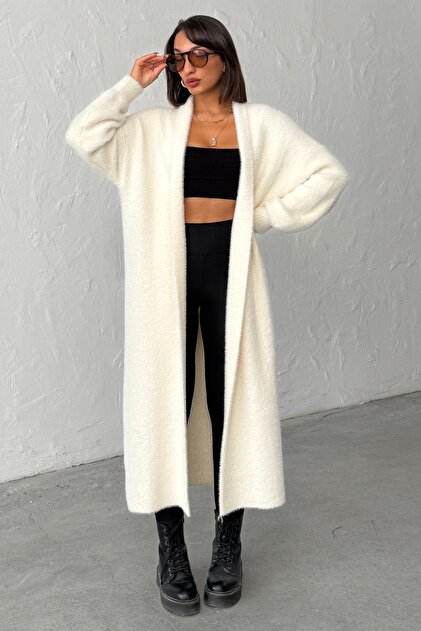 Women's Ecru Soft Textured Long Knit Cardigan