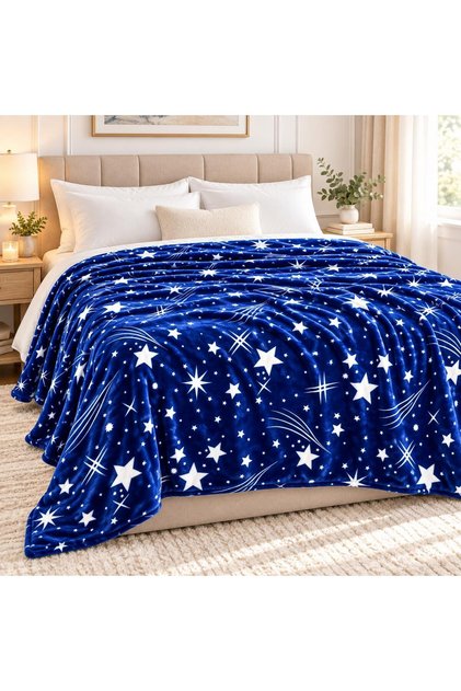 Blue Star Print Flannel Blanket Single 150x200cm Silky Soft 280 GSM Cozy Throw