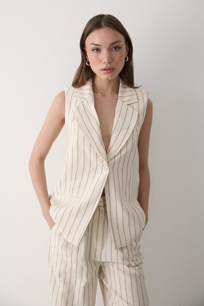 Women's Beige Striped Padded Buttoned Vest & Elastic Waist Trousers Set