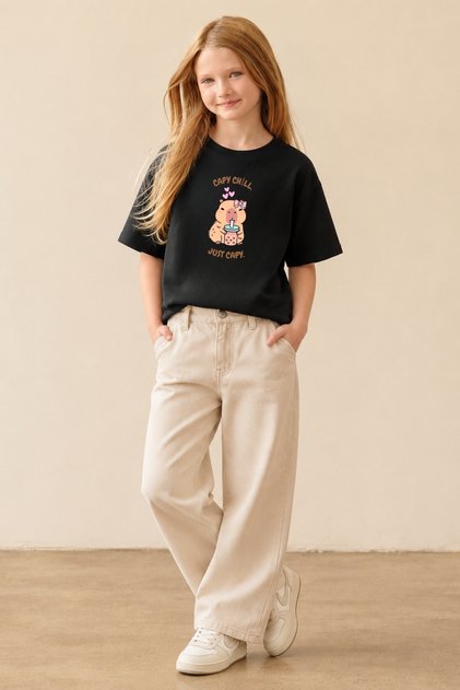 Girl's Oversize T-Shirt Cozy Mood Printed Black – Crew Neck, Comfortable Fit, 100% Cotton