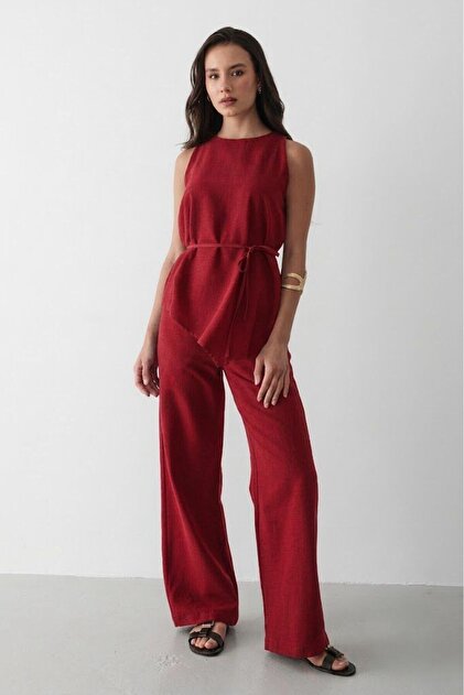 Women's Red Linen Crew Neck Vest and Belted Trousers Set