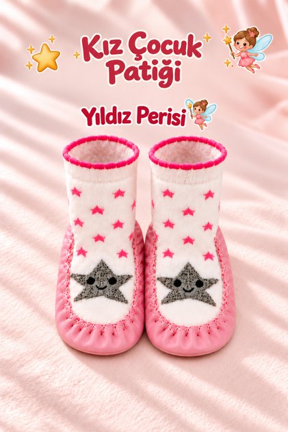 Yıldız Perisi Non-Slip Leather Sole Pink-White Comfortable Baby Kids Sandal Sock Socks Booties Slippers Home Kindergarten Shoes
