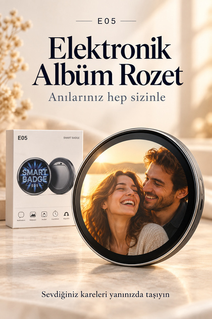 Elektronik albüm rozeti, dijital fotoğraf rozeti, video oynatan rozet, fotoğraf ve video yüklenebilir rozet, şarjlı rozet, kişiye özel hediye, sevgiliye hediye, dijital hatıra albümü