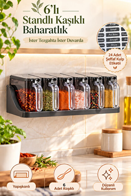 1182 6-Piece Spice Rack Set with Stand, Self-Adhesive Lid and Spoon - Spice Rack with Label