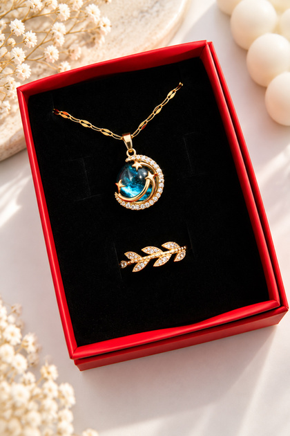 Kadın Paslanmaz Çelik Gold Zirkon Taşlı Gökyüzü Kolye Ve Taşlı Yüzük Set
