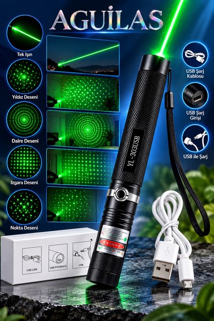 Green Laser Pointer Şarjlı Güçlü Yeşil Lazer Metal Kasa