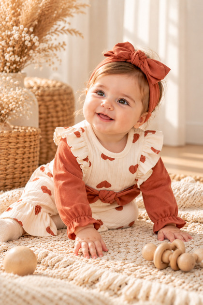 Baby Girl Hearted Ruffled Tulle Jumpsuit Set – Cream and Brown Tones – 100% Cotton