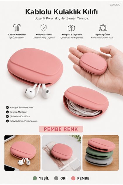Pembe Renk, Silikon Taşıma Kılıfı, Kablolu Kulaklık Organizer Çantası, Kulak İçi Kulaklık Koruyucu, Saklama Kabı, Universal Uyumlu