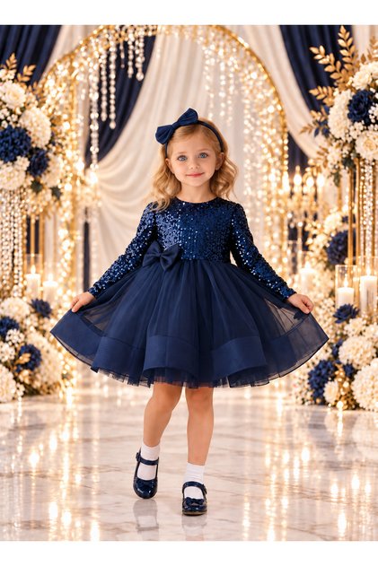 Girl's Long Sleeve Sequin Velvet Dress, Tulle Party and Birthday Dress
