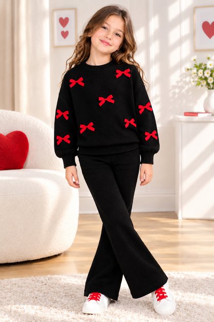 Bow Detailed Tights Bottom Top Girls 2-Piece Set Without Pocket