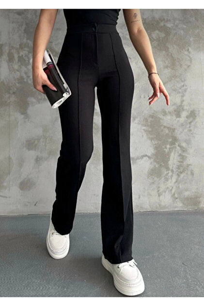 Women's High Waist Flared K Crepe Fabric Trousers — S Slim Fit Stylish Pants