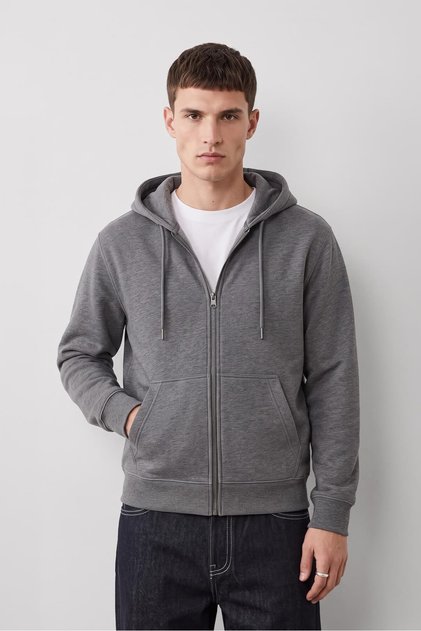 Erkek Fermuarlı Kapüşonlu Cepli Antrasit Sweatshirt Uzun Kol