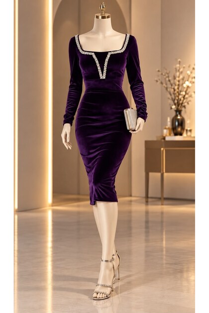Rochie de seară din țesătură elastică din catifea cu pietre aplicate în față 582343 PURPLE