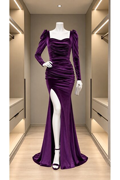 Rochie de seara din catifea cu decolteu patrat 582318 PURPLE