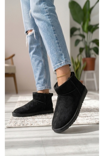 Women's Black Ultra Mini Wool and Fur Boots