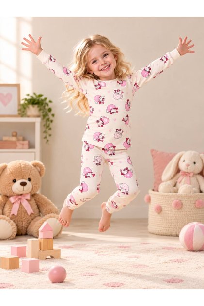 Kız Çocuk Kedi Desenli Krem Renk Uzun Kollu Pamuklu Alt Üst Pijama Takımı